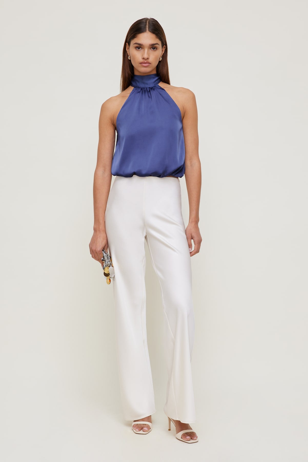 Dynamite Discount | Paloma Bubble Satin Halter Blouse Blue