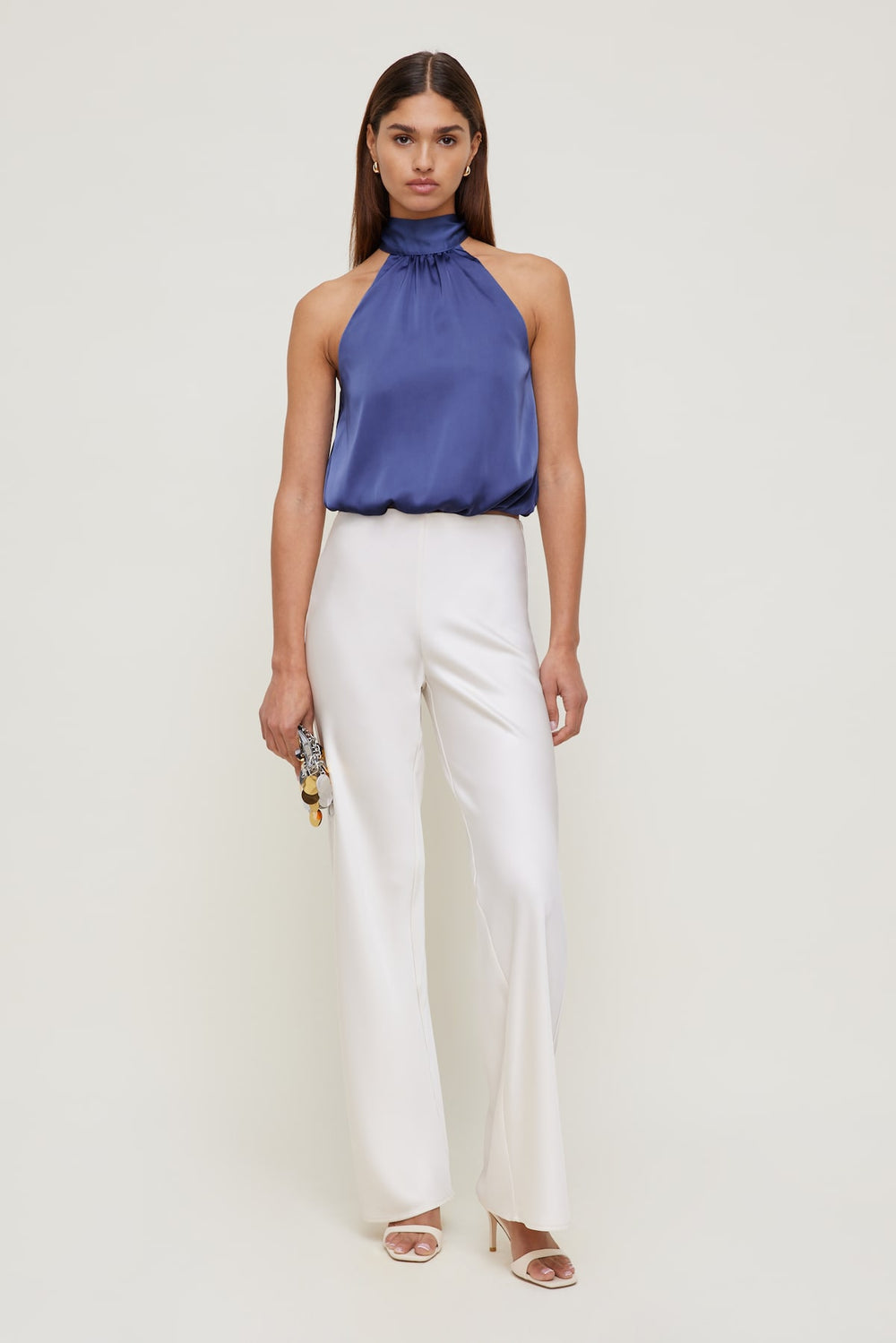 Dynamite Discount | Paloma Bubble Satin Halter Blouse Blue