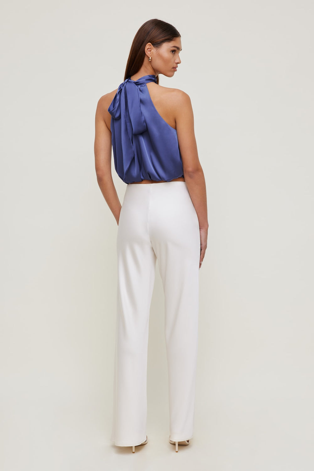 Dynamite Discount | Paloma Bubble Satin Halter Blouse Blue