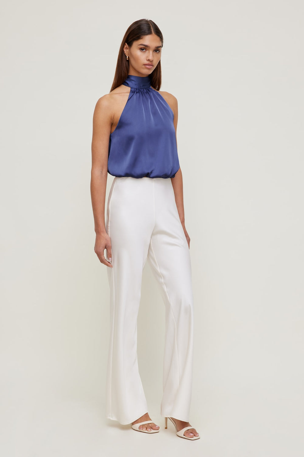 Dynamite Discount | Paloma Bubble Satin Halter Blouse Blue