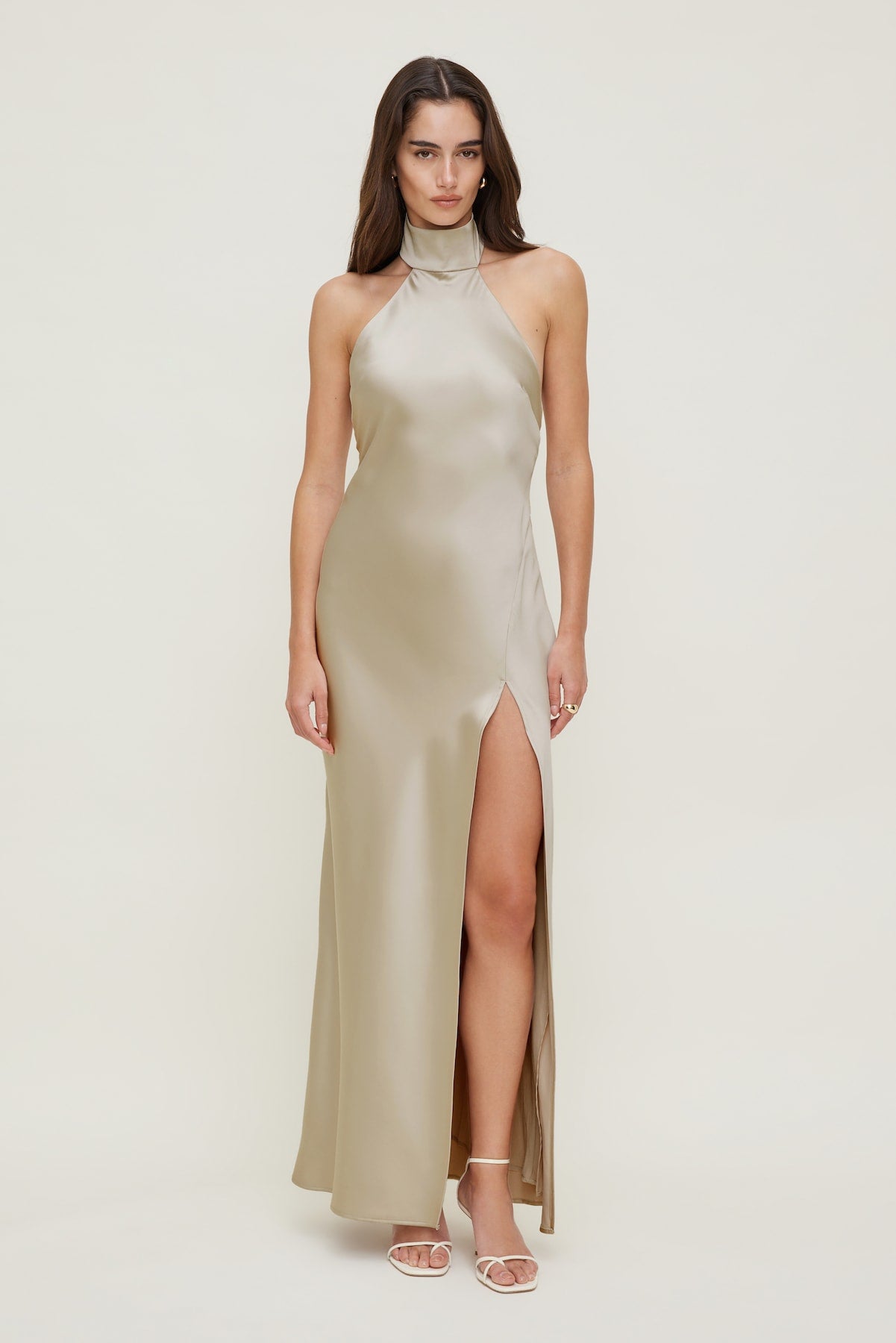 Dynamite Website Shop | Satin Halter Maxi Dress Beige
