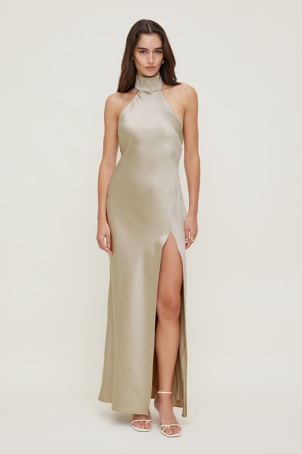 Dynamite Website Shop | Satin Halter Maxi Dress Beige