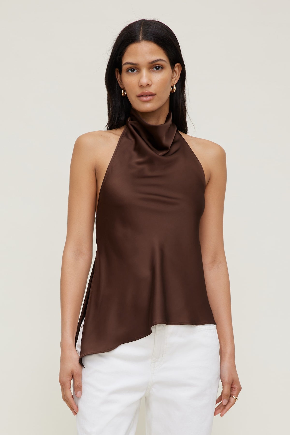 Dynamite Outlet | Asymmetric Satin Halter Blouse Brown