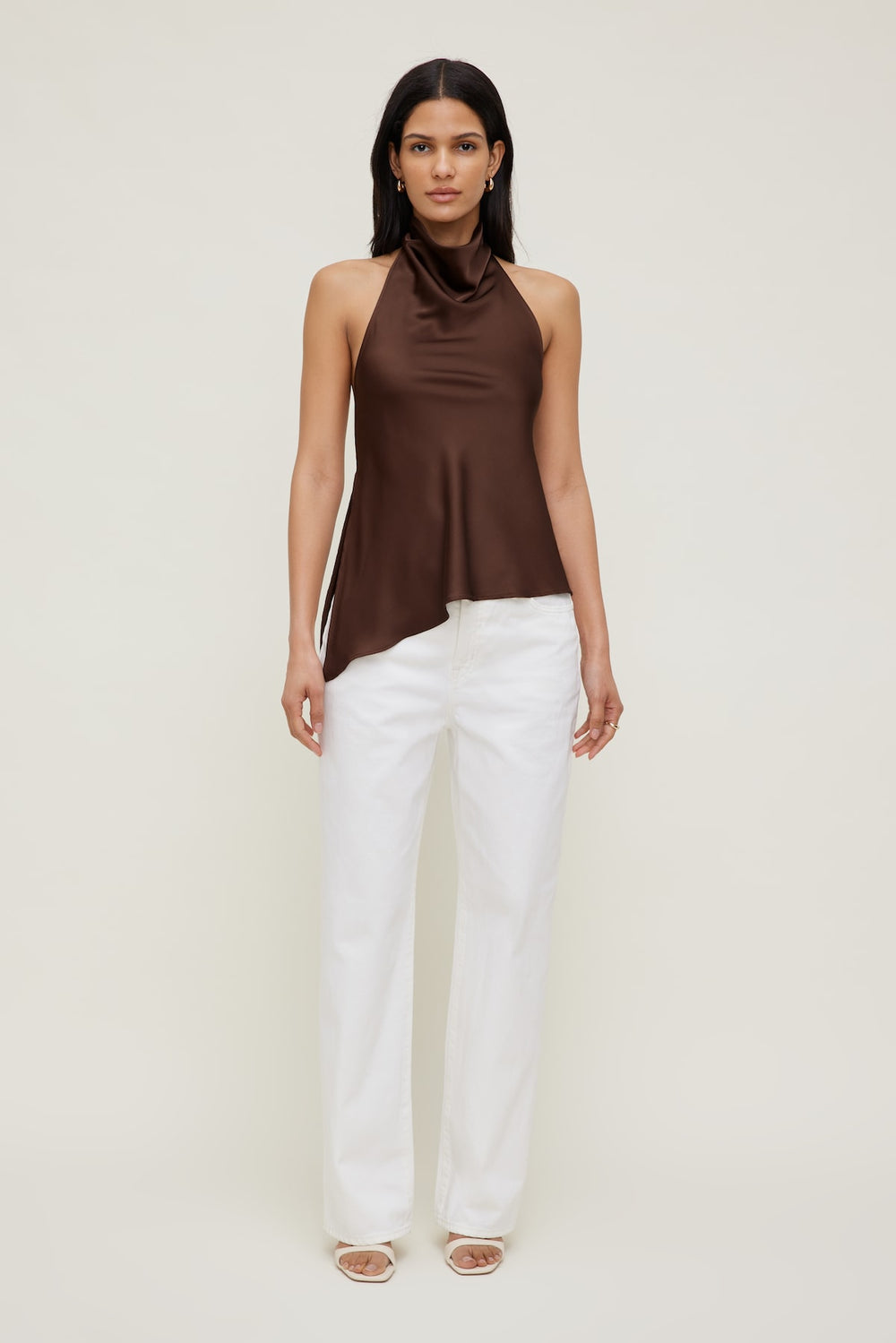 Dynamite Outlet | Asymmetric Satin Halter Blouse Brown