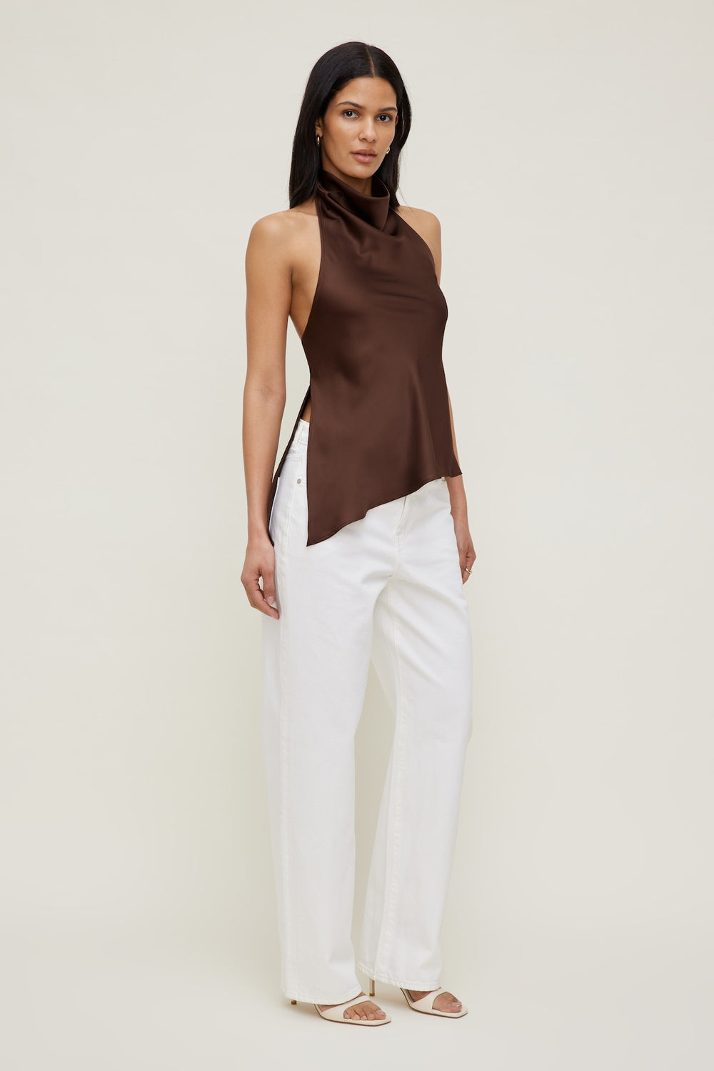 Dynamite Outlet | Asymmetric Satin Halter Blouse Brown