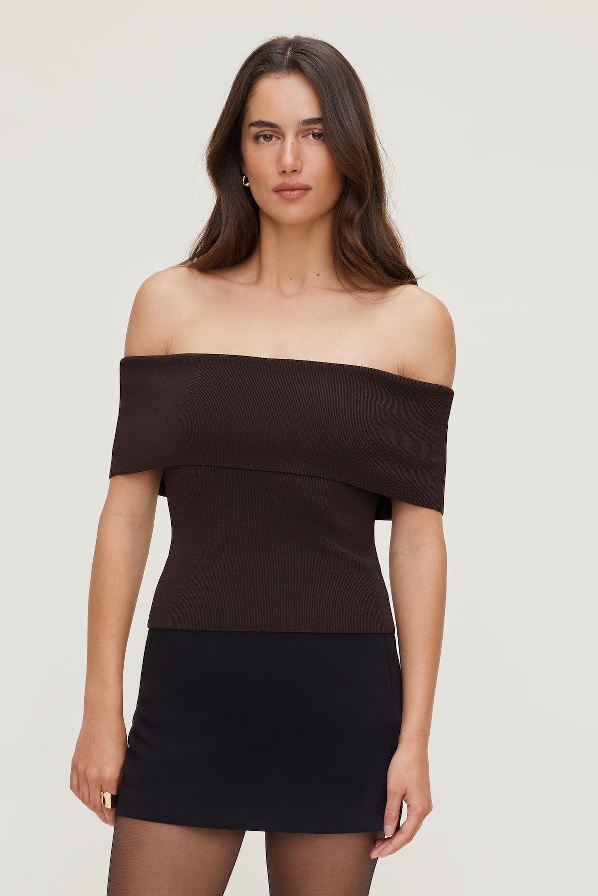 Dynamite Outlet | Rib Knit Off Shoulder Sweater Brown