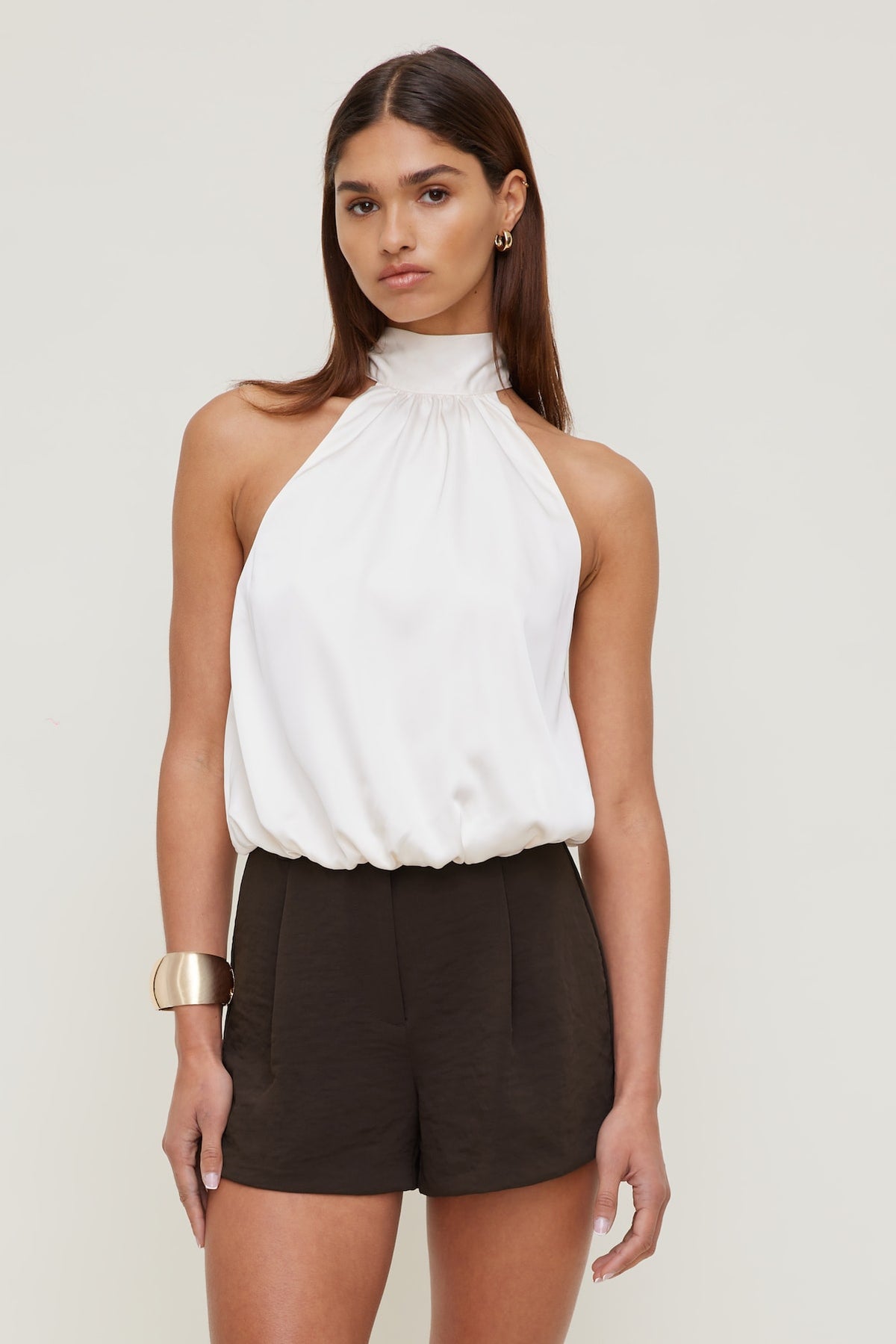 Dynamite Website Shop | Paloma Bubble Satin Halter Blouse Beige