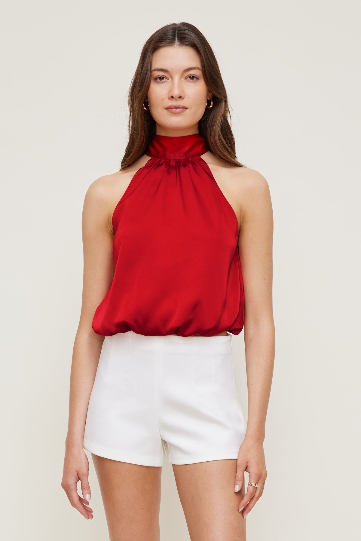 Dynamite Outlets | Paloma Bubble Satin Halter Blouse Red