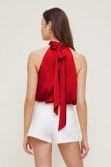 Dynamite Outlets | Paloma Bubble Satin Halter Blouse Red