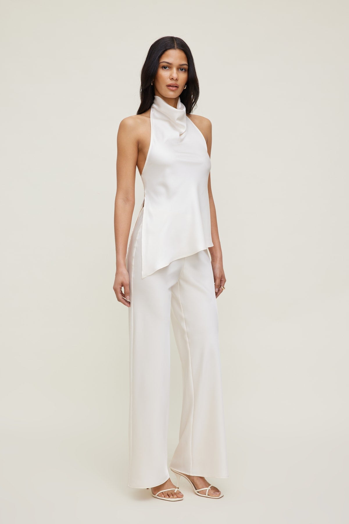 Dynamite US | Asymmetric Satin Halter Blouse Beige