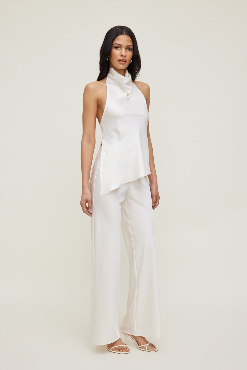 Dynamite US | Asymmetric Satin Halter Blouse Beige