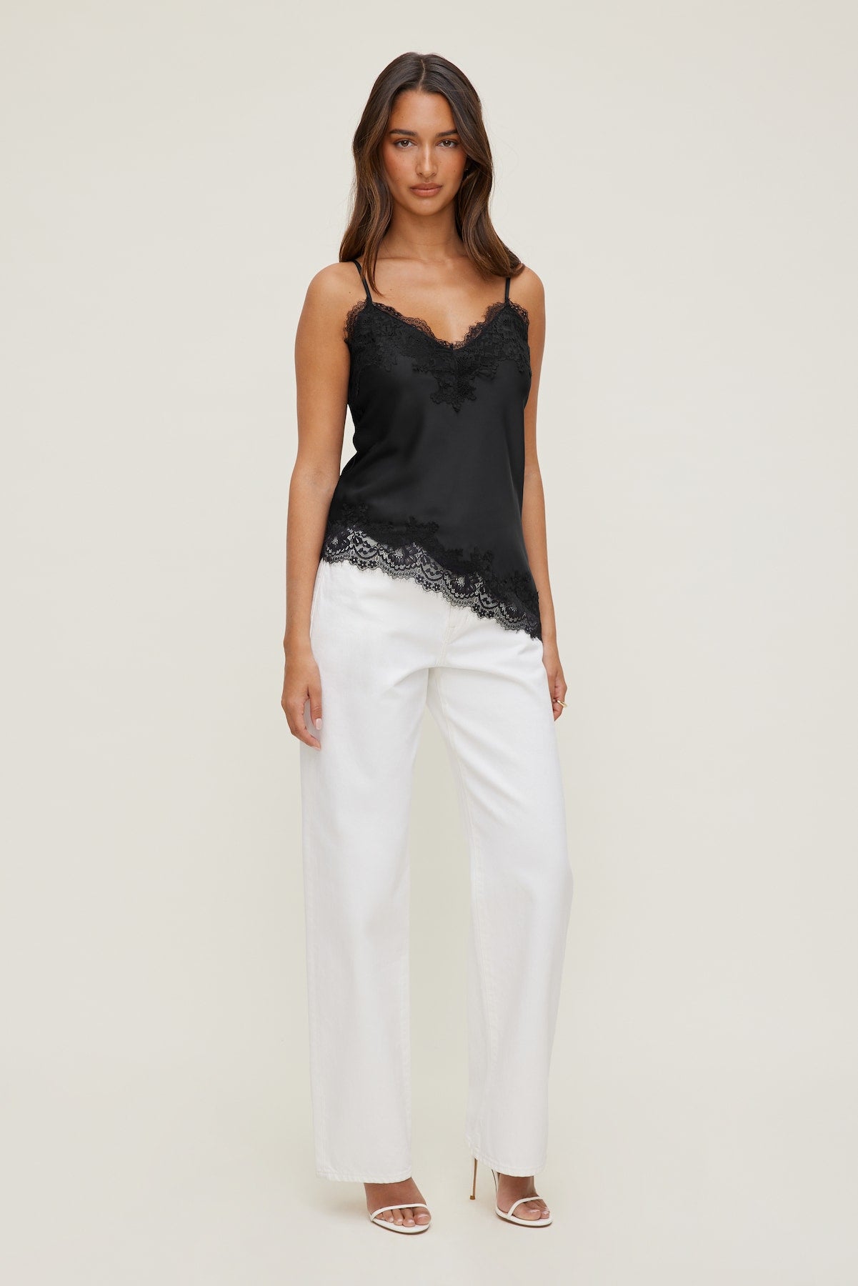 Dynamite Discount | Cassie Asymmetric Lace Satin Cami Black