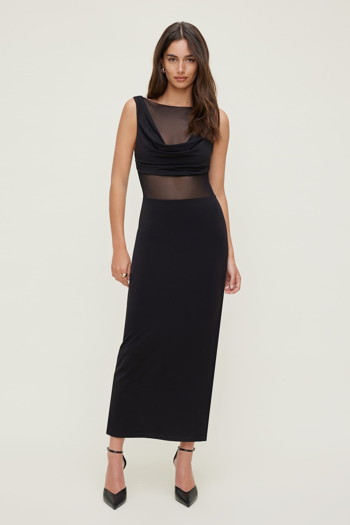 Dynamite US | Sculpt Sheer Cowl Neck Maxi Dress Black