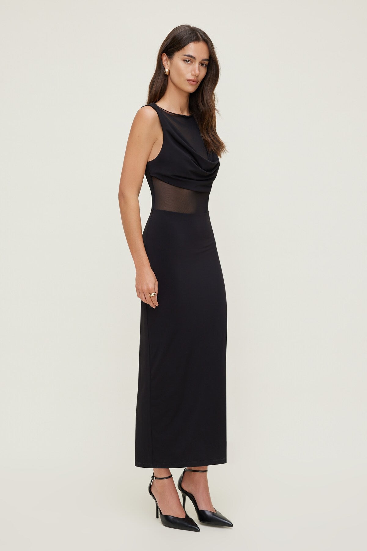 Dynamite US | Sculpt Sheer Cowl Neck Maxi Dress Black