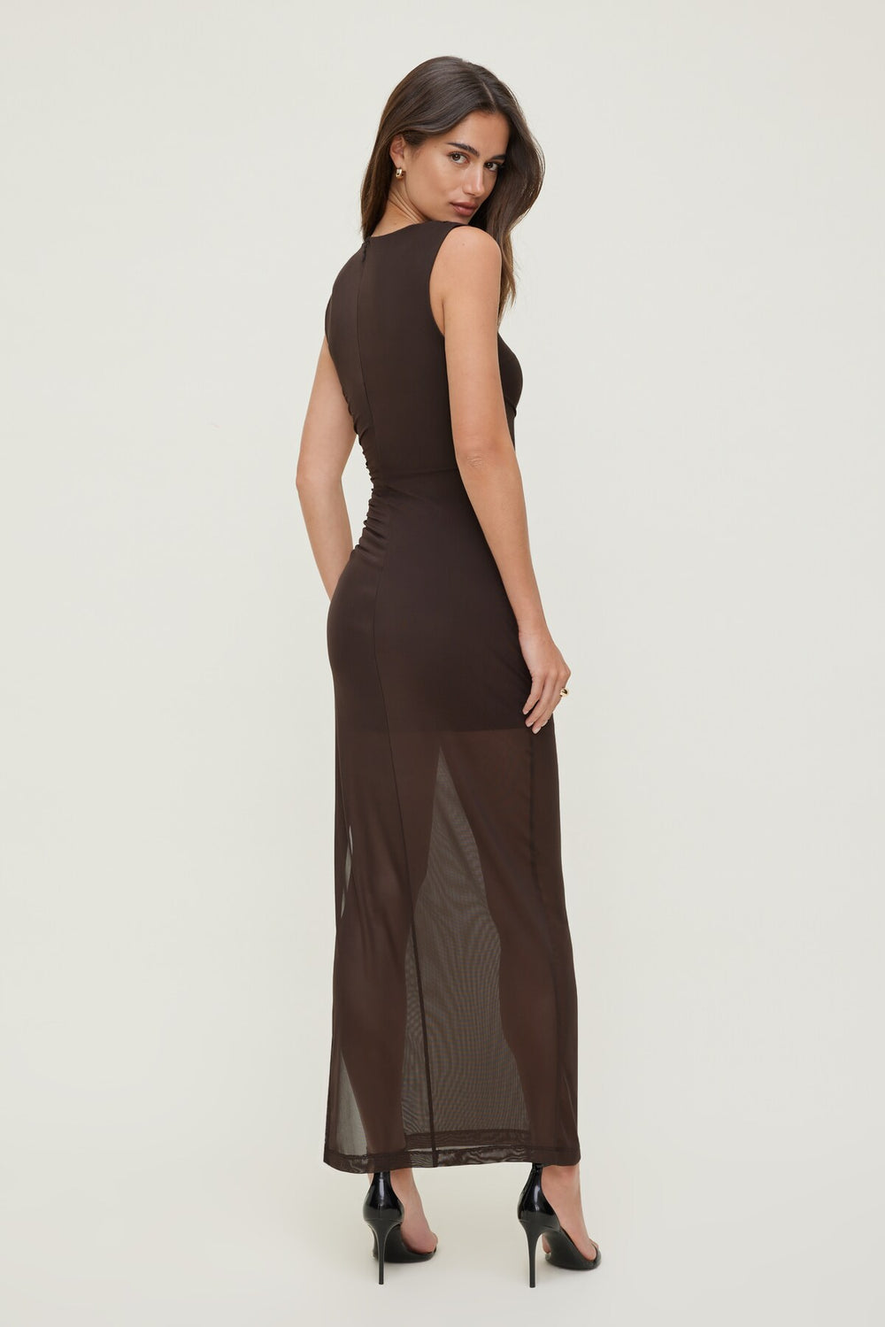 Dynamite Outlets | Sheer Shirred Mesh Maxi Dress Brown