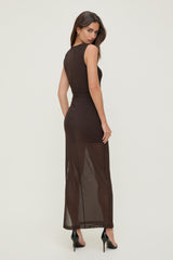 Dynamite Outlets | Sheer Shirred Mesh Maxi Dress Brown