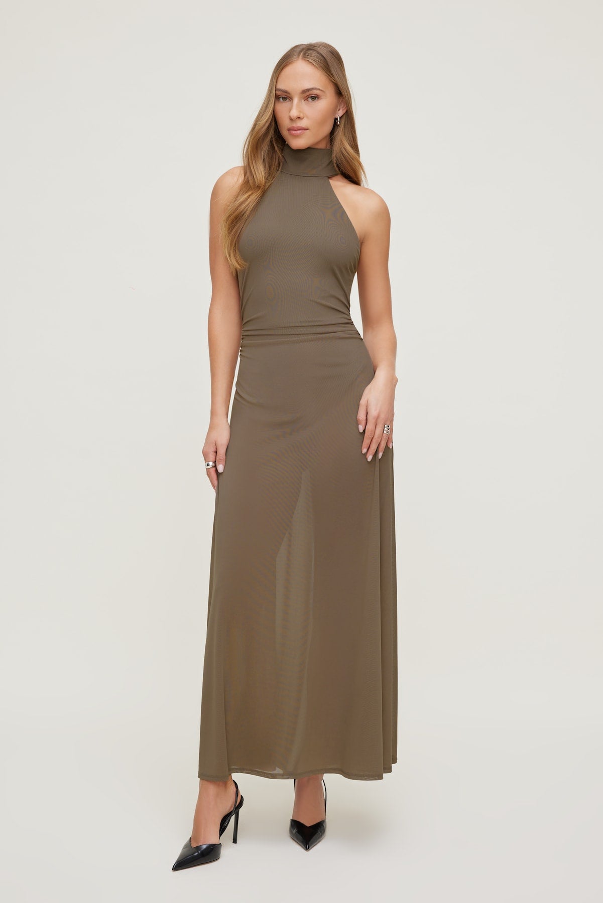 Dynamite Online | Sheer Mesh Halter Maxi Dress Brown
