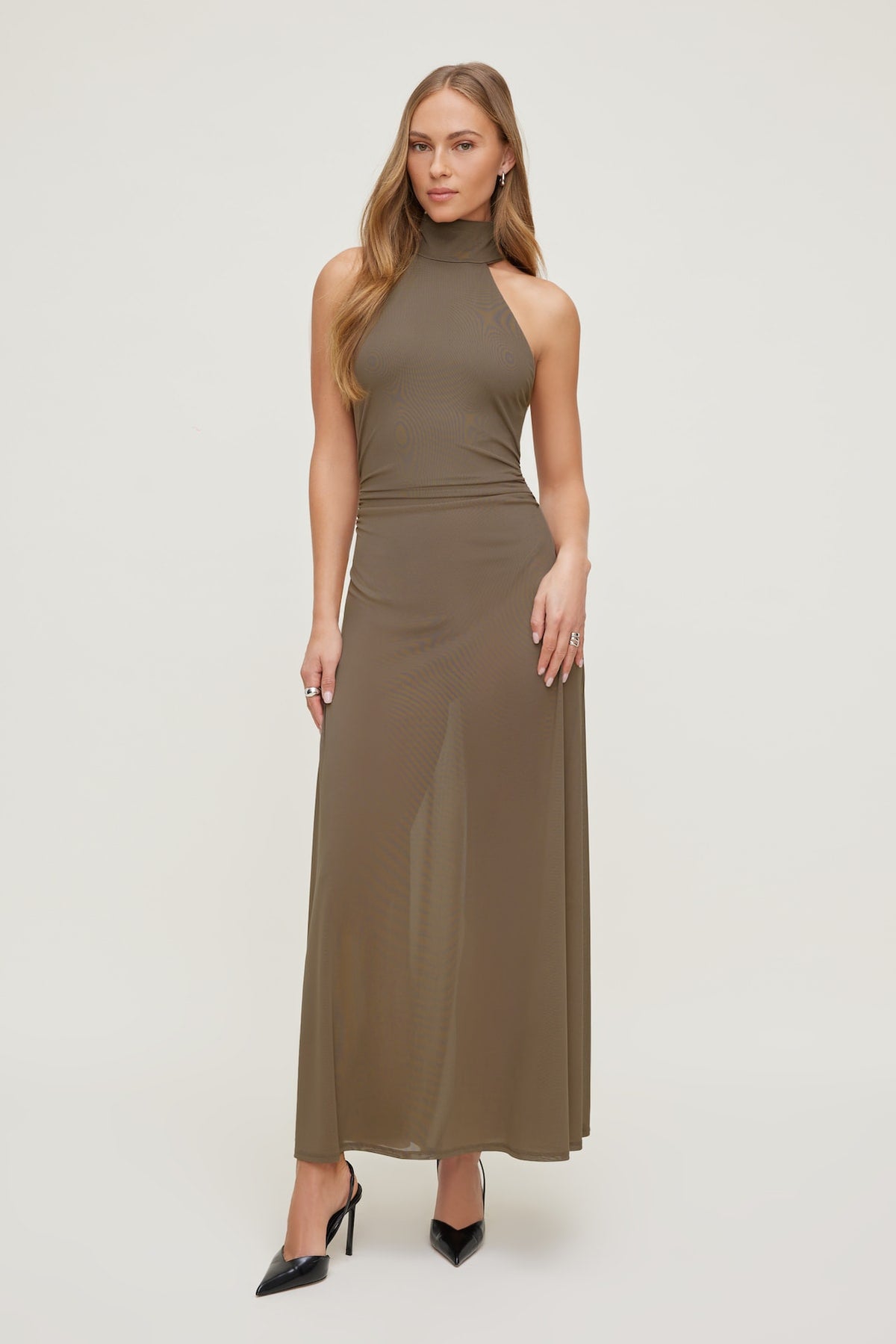 Dynamite Online | Sheer Mesh Halter Maxi Dress Brown