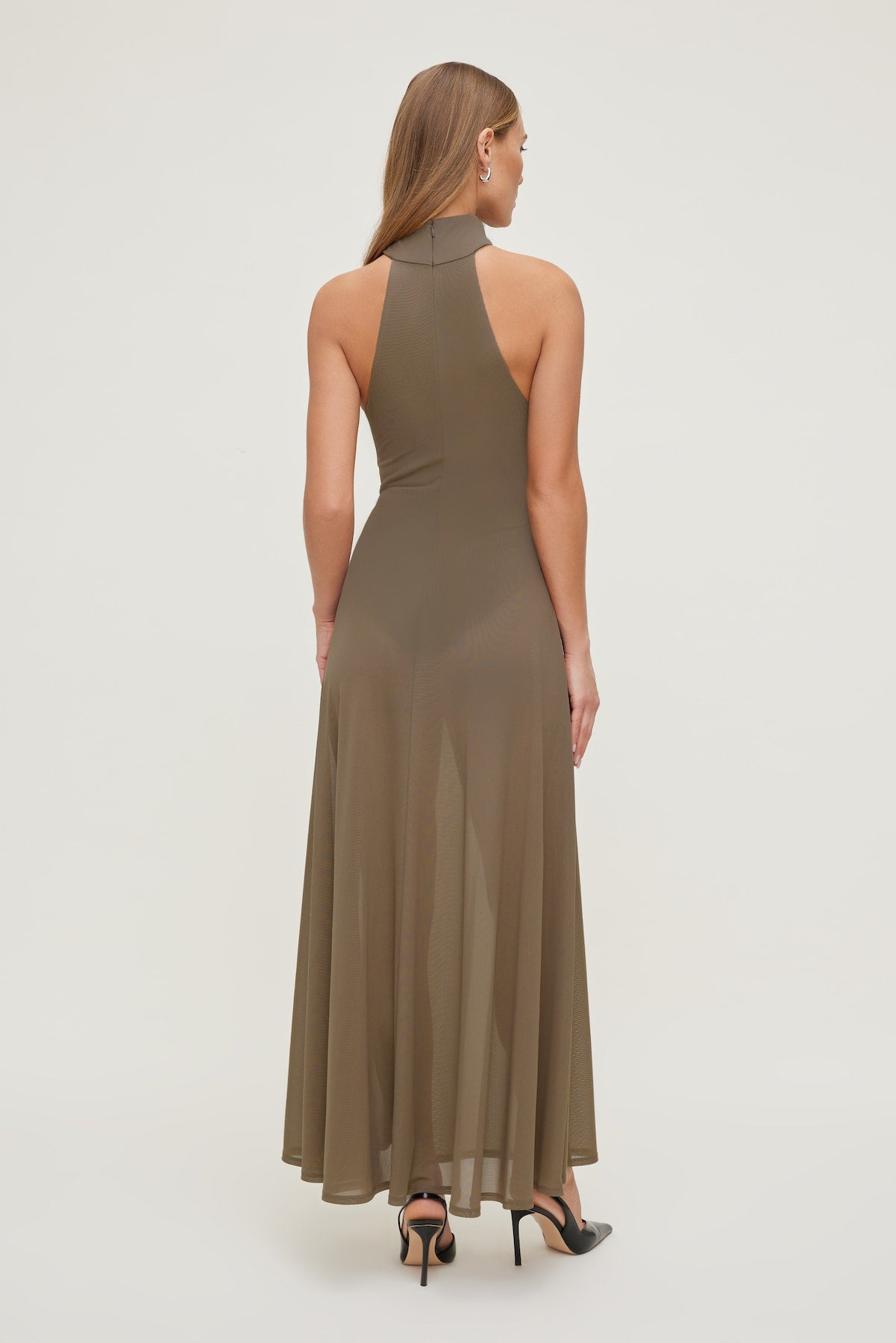 Dynamite Online | Sheer Mesh Halter Maxi Dress Brown
