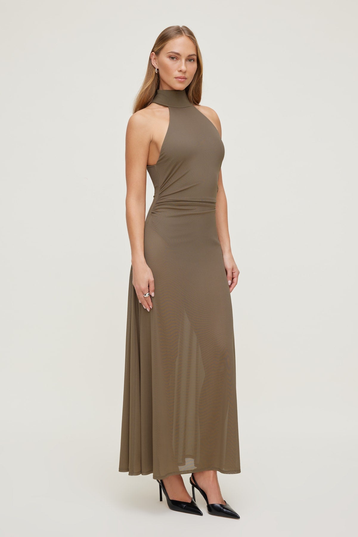 Dynamite Online | Sheer Mesh Halter Maxi Dress Brown