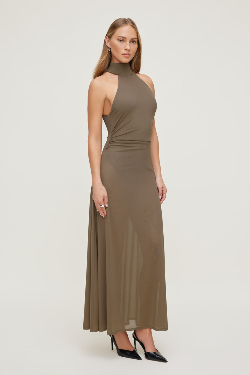 Dynamite Online | Sheer Mesh Halter Maxi Dress Brown