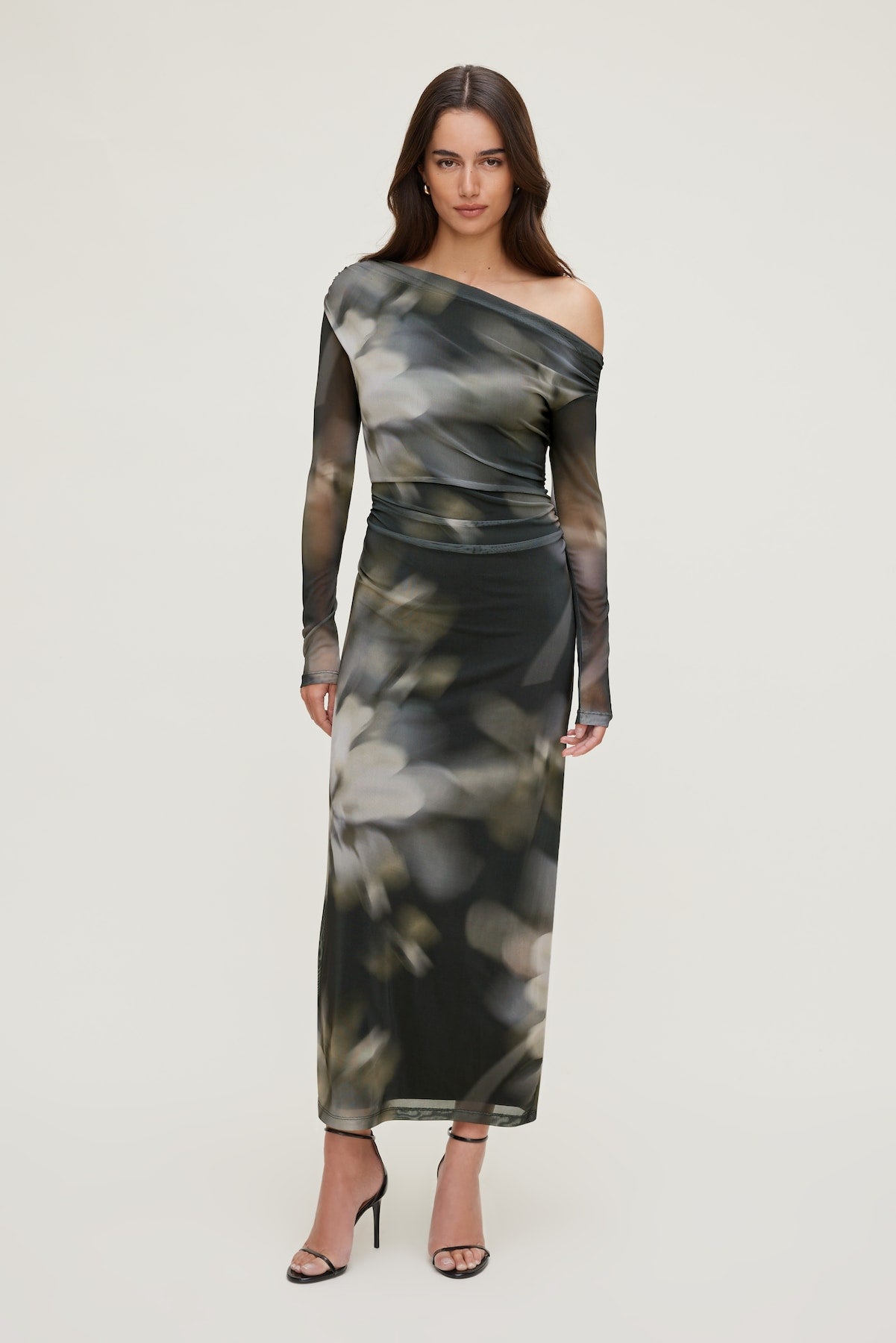 Dynamite Outlet | Off Shoulder Mesh Maxi Dress Brown