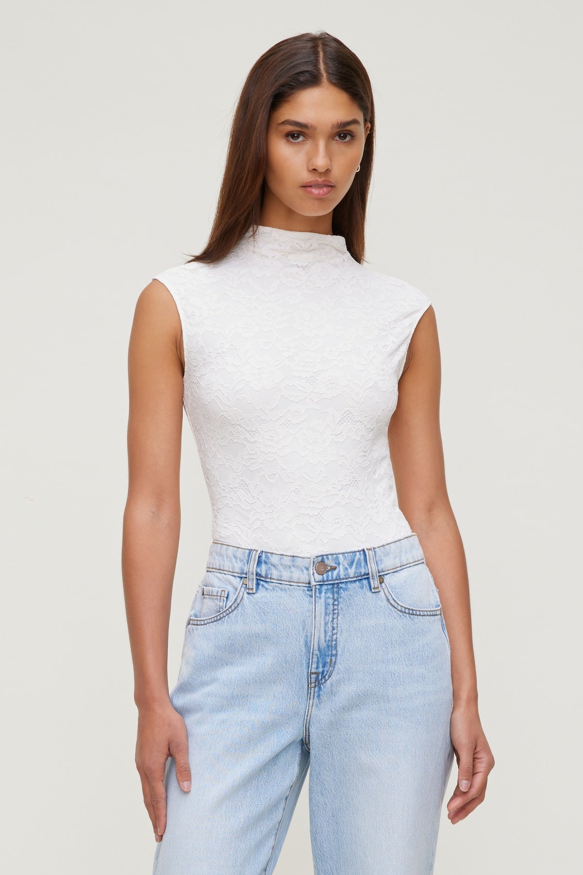 Dynamite Online | Mock Neck Lace Bodysuit Beige