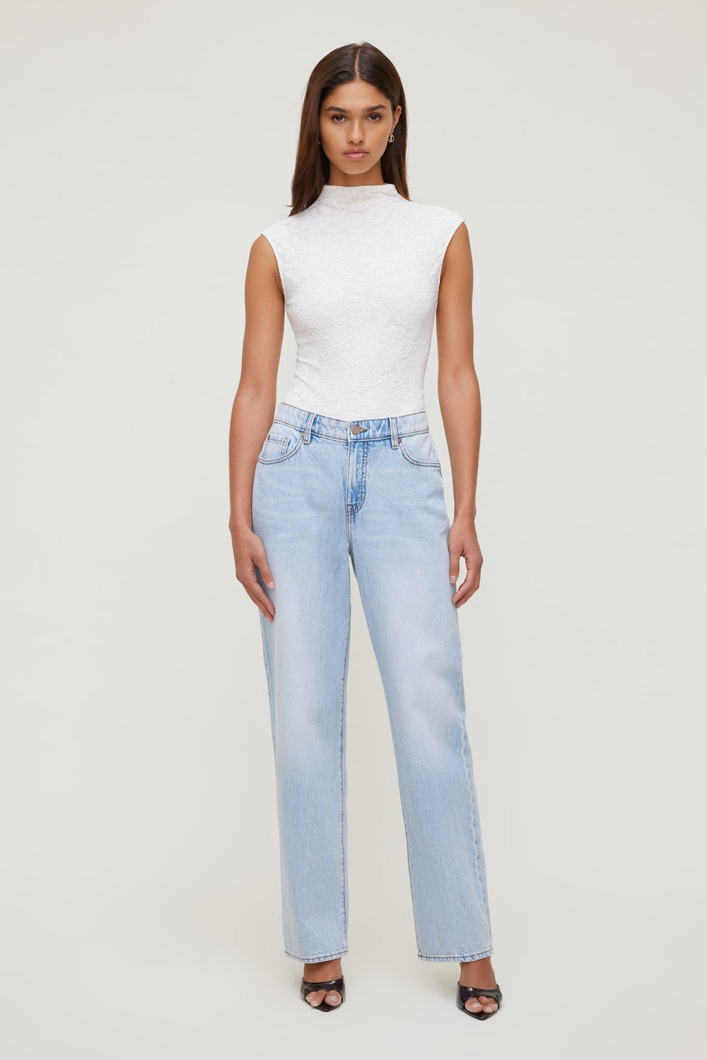 Dynamite Online | Mock Neck Lace Bodysuit Beige