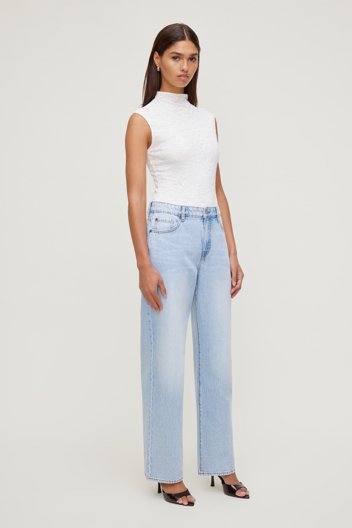 Dynamite Online | Mock Neck Lace Bodysuit Beige