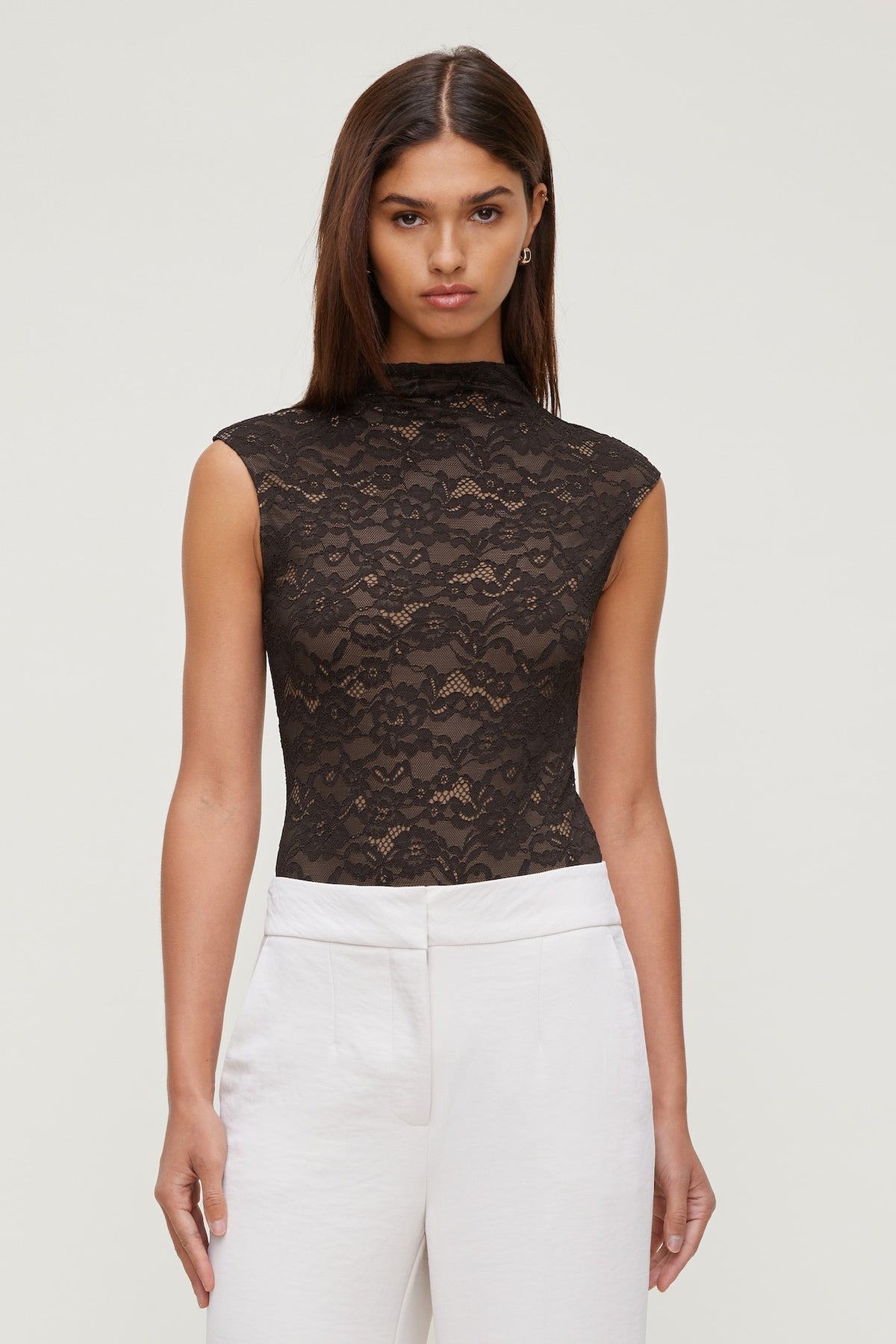 Dynamite Discount | Mock Neck Lace Bodysuit Brown