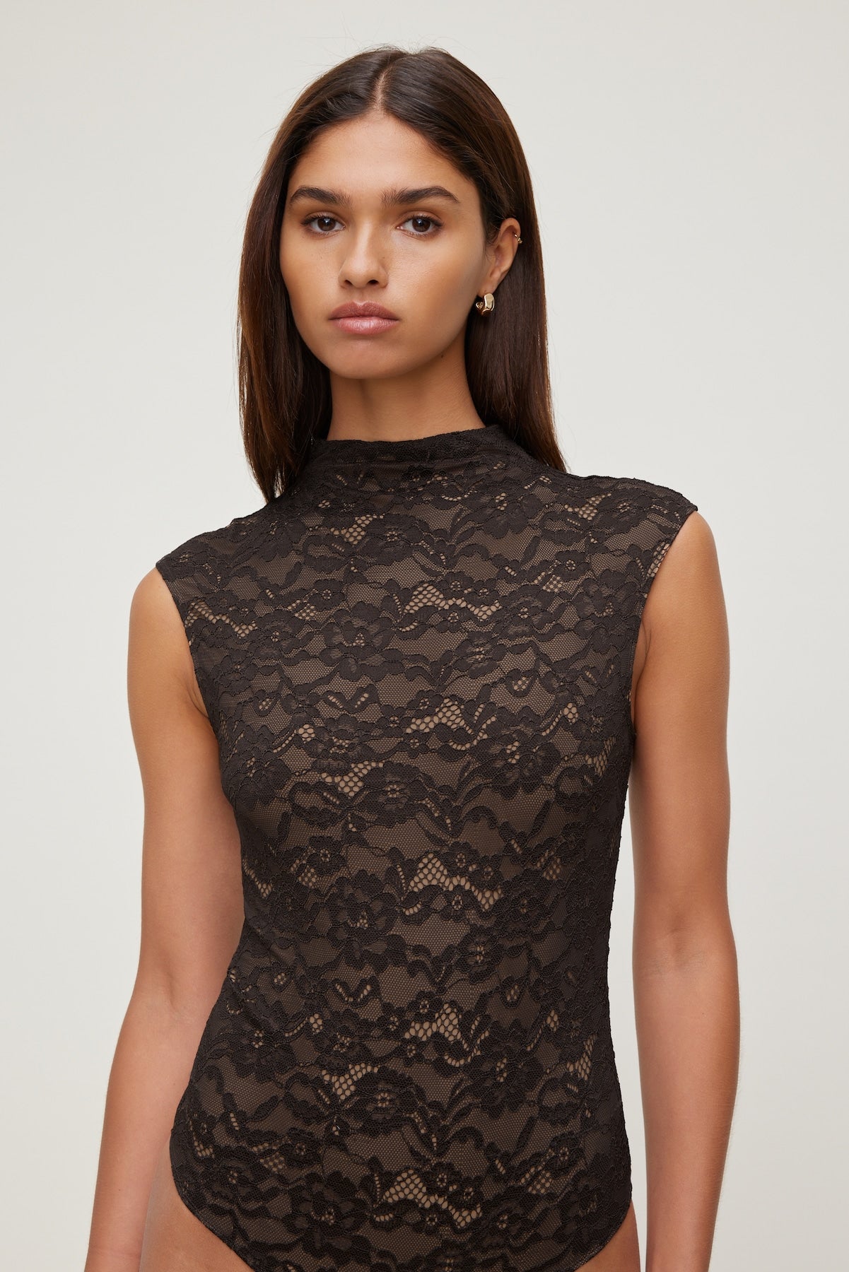 Dynamite Discount | Mock Neck Lace Bodysuit Brown
