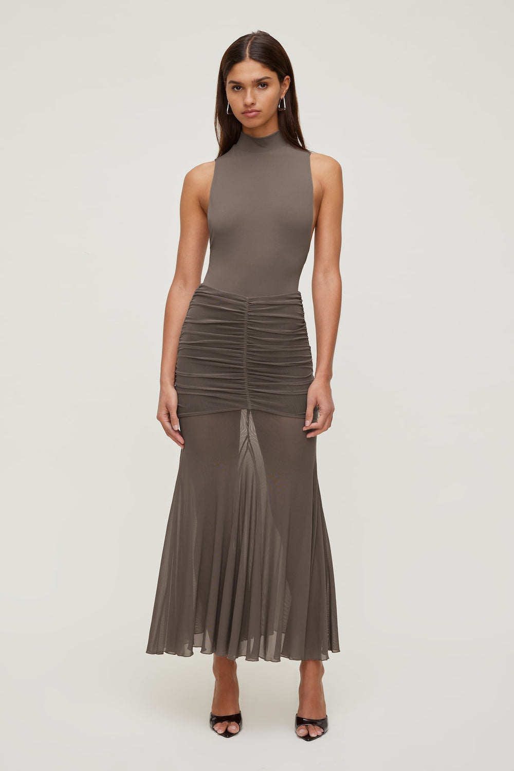 Dynamite Store | Sculpt Mock Neck Sleeveless Bodysuit Brown