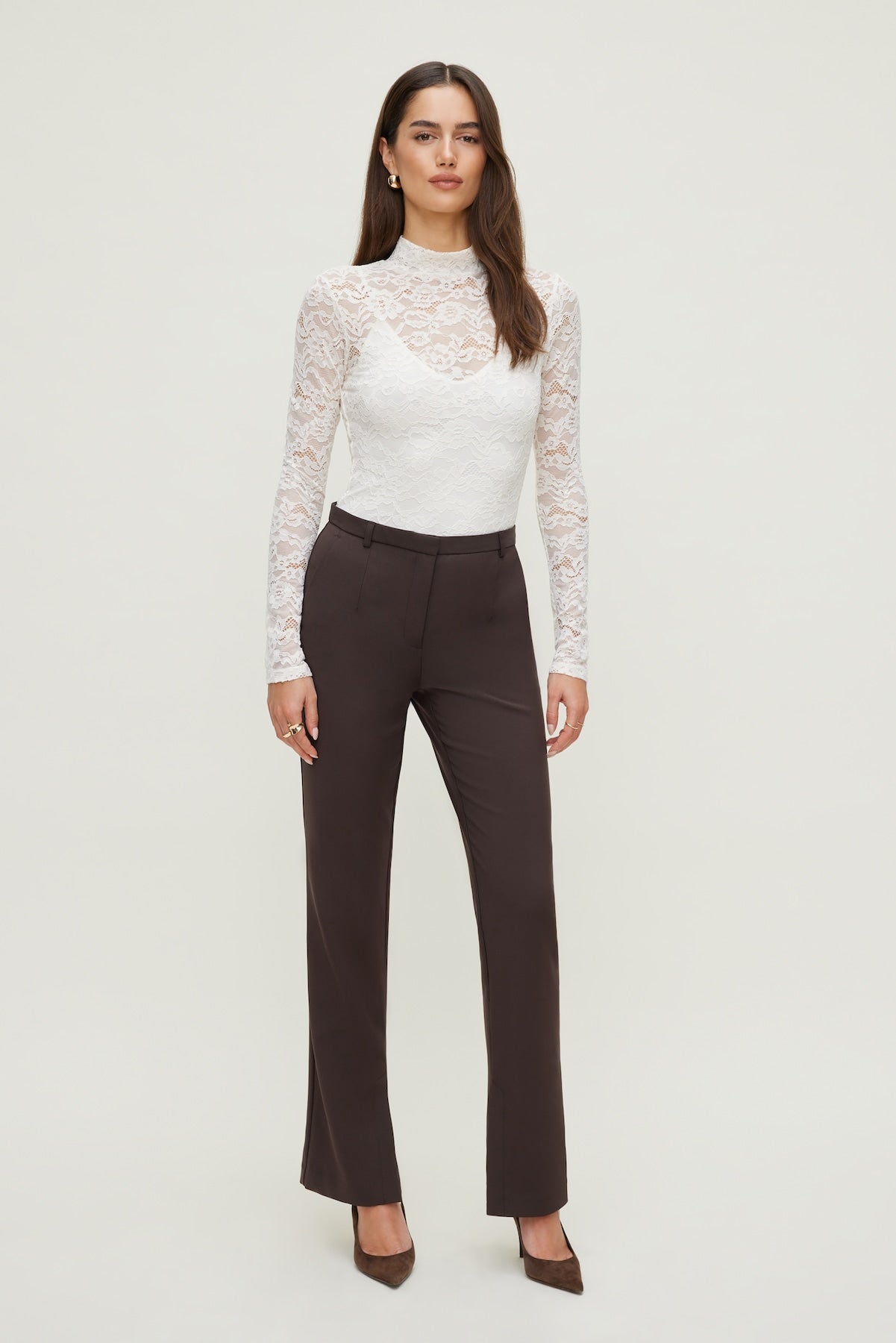 Dynamite Outlets | Mock Neck Lace Bodysuit Beige