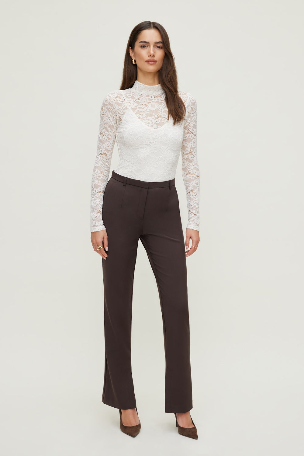 Dynamite Outlets | Mock Neck Lace Bodysuit Beige