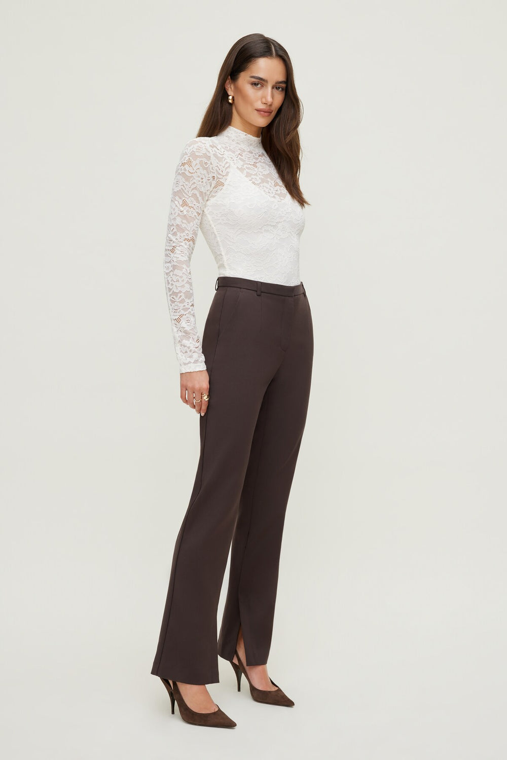 Dynamite Outlets | Mock Neck Lace Bodysuit Beige