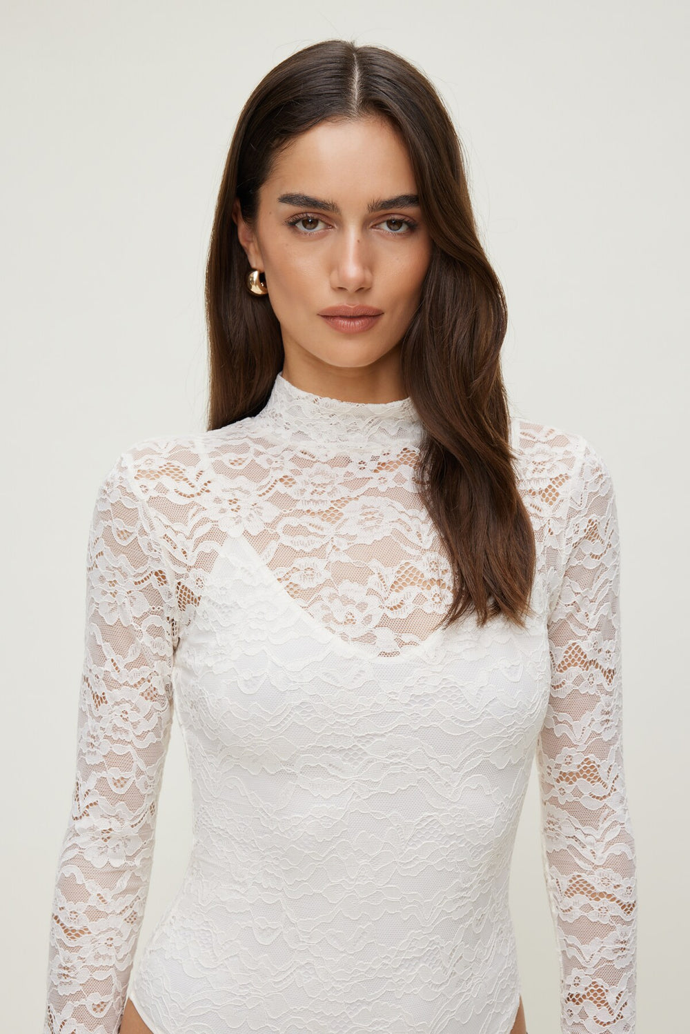 Dynamite Outlets | Mock Neck Lace Bodysuit Beige