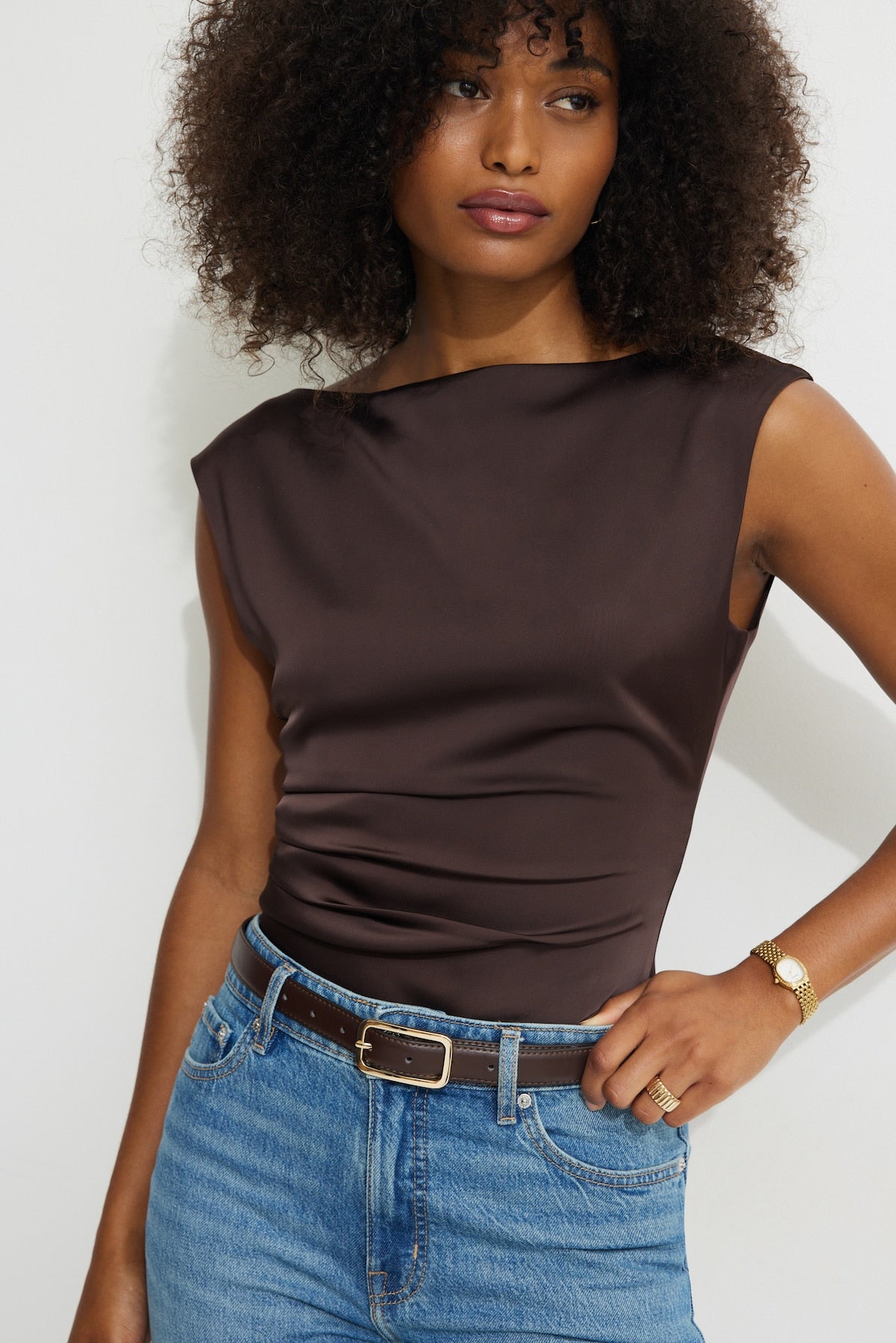 Dynamite On Sale | Rounded Rectangle Slim Faux Leather Belt Brown