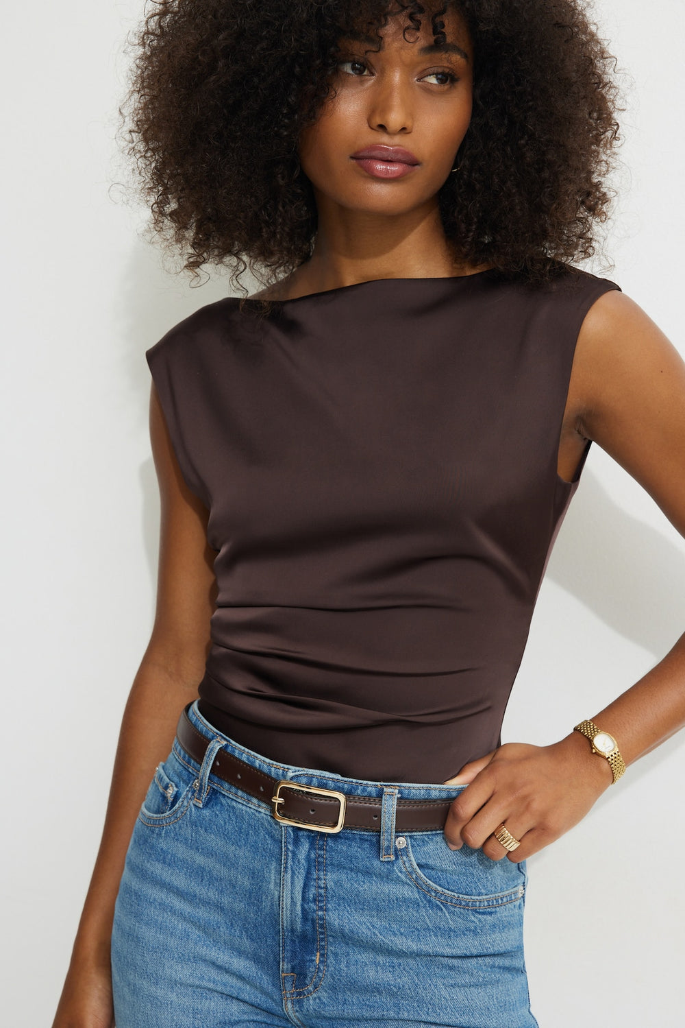 Dynamite On Sale | Rounded Rectangle Slim Faux Leather Belt Brown