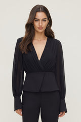 Dynamite Outlet | Sheer Wrap Blouse BLACK