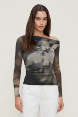 Dynamite Discount | Cleo Printed Mesh Long Sleeve Top Brown