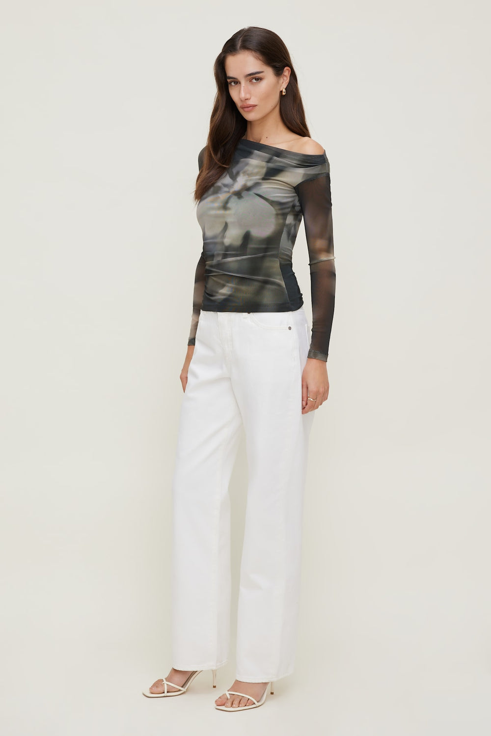 Dynamite Discount | Cleo Printed Mesh Long Sleeve Top Brown