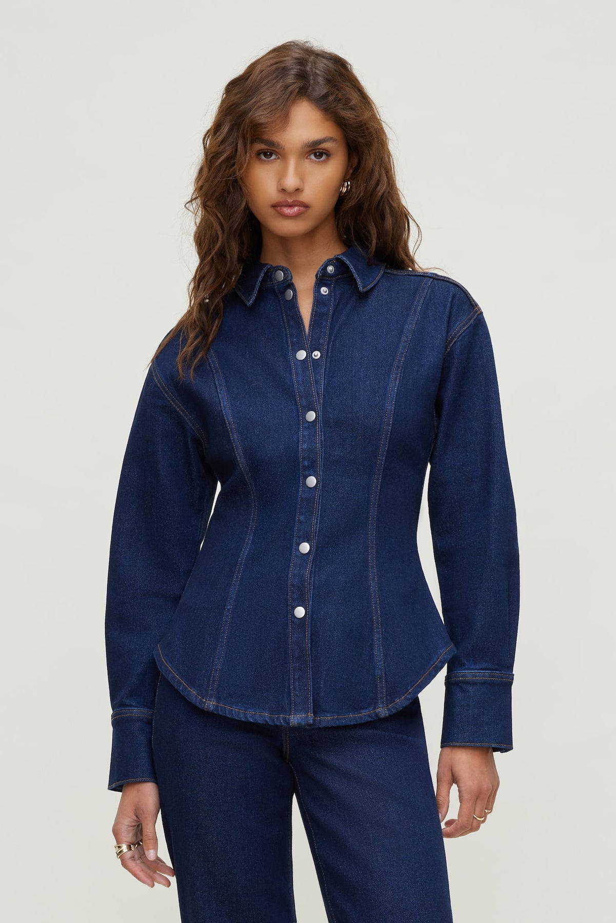 Dynamite Online | Cinched Stretch Denim Shirt Blue