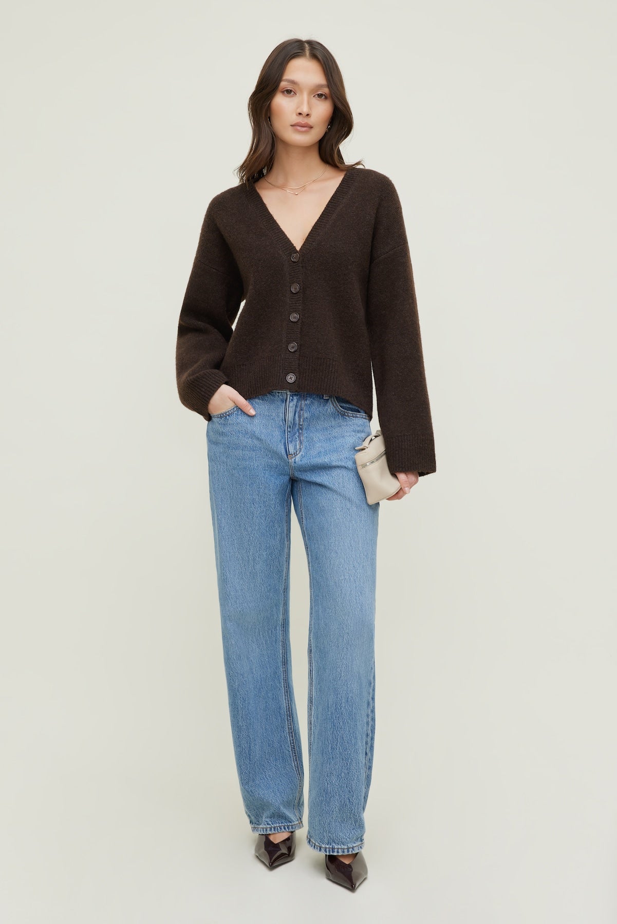 Dynamite Discount | Relaxed V Neck Cardigan Brown