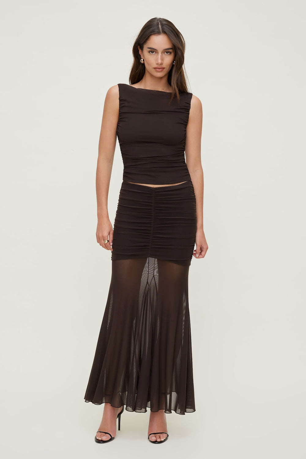 Dynamite US | Ruched Mesh Maxi Skirt Brown