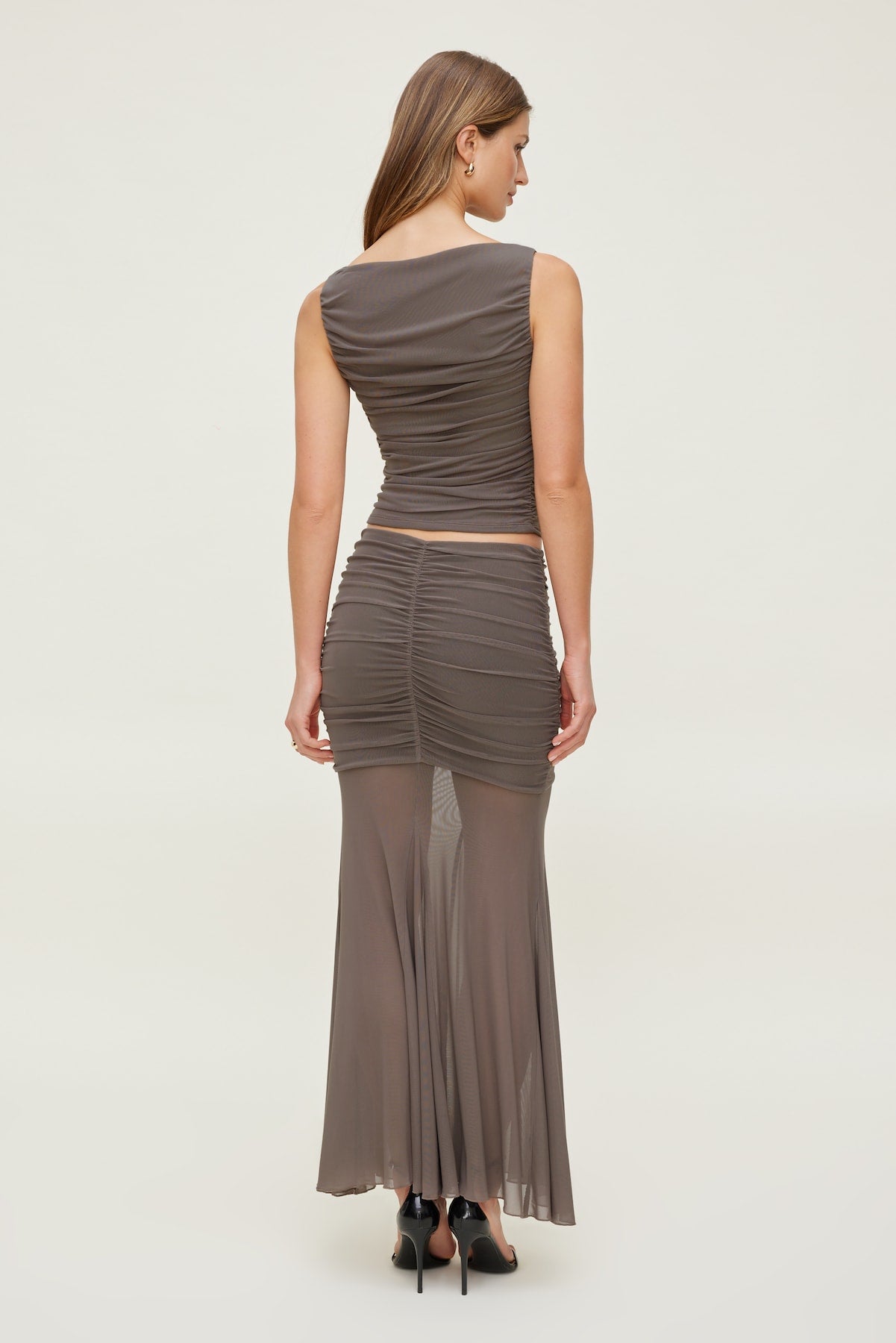 Dynamite Outlet | Ruched Mesh Maxi Skirt Brown