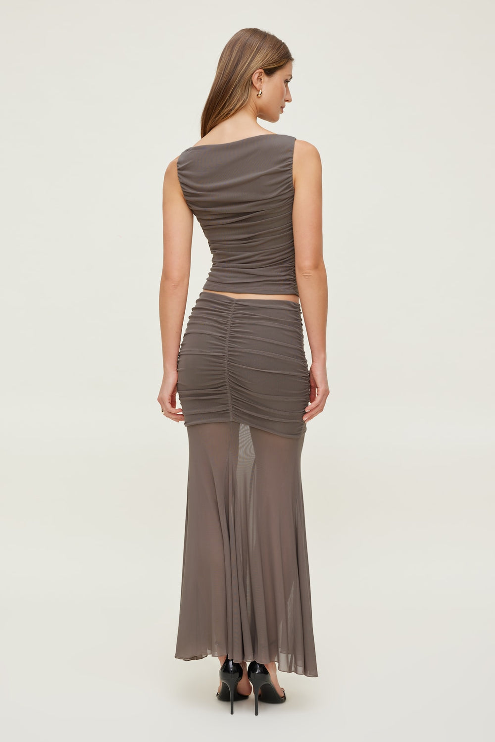 Dynamite Outlet | Ruched Mesh Maxi Skirt Brown