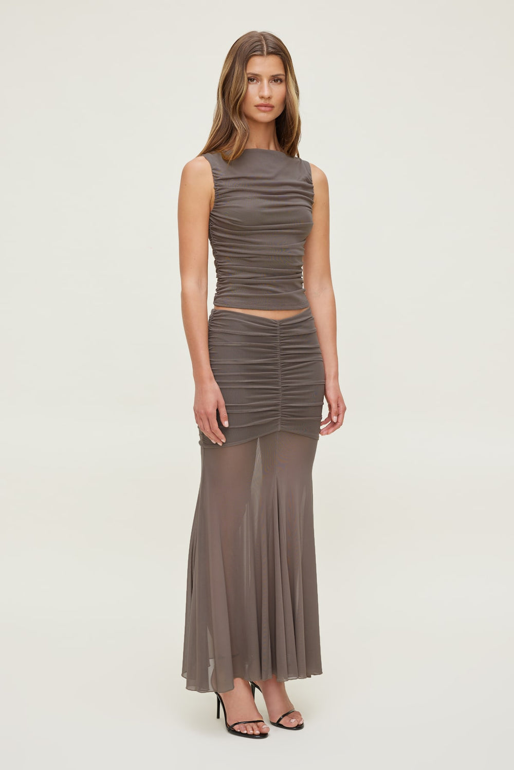 Dynamite Outlet | Ruched Mesh Maxi Skirt Brown