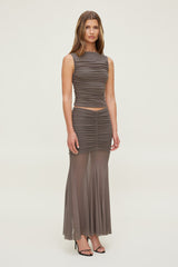 Dynamite Outlet | Ruched Mesh Maxi Skirt Brown