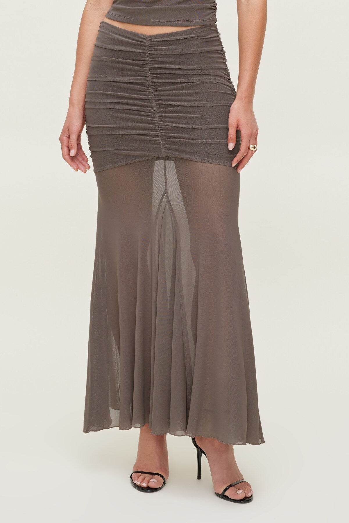 Dynamite Outlet | Ruched Mesh Maxi Skirt Brown