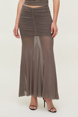 Dynamite Outlet | Ruched Mesh Maxi Skirt Brown